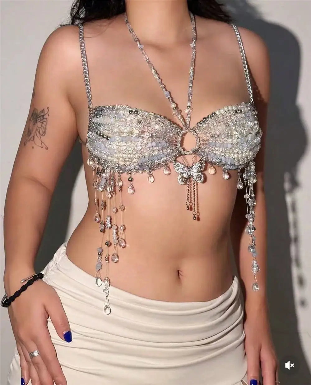 GLOSSMOON Handmade Crystal Beaded Body Chain Bra - Resin Tassel Chest Chain - Boho Beach Party & Rave Jewelry for Women  Moonlit Crystal & Resin Body Chain | Ultimate Mermaidcore Aesthetic | Lightweight Festival Rave Top Jewelry