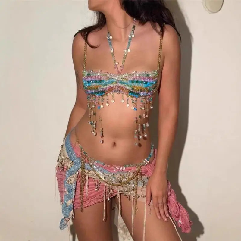 Y3NE Bohemian Body Chain Bra Beaded Chest Chain Raves Nightclub Body Accessories Jewelry Gifts for Women Girls