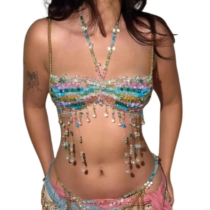 Y3NE Bohemian Body Chain Bra Beaded Chest Chain Raves Nightclub Body Accessories Jewelry Gifts for Women Girls