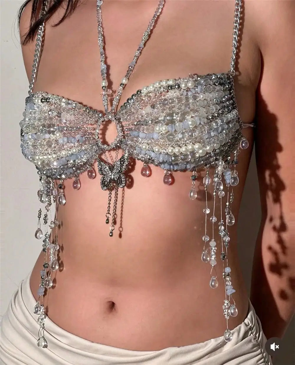 GLOSSMOON Handmade Crystal Beaded Body Chain Bra - Resin Tassel Chest Chain - Boho Beach Party & Rave Jewelry for Women  Moonlit Crystal & Resin Body Chain | Ultimate Mermaidcore Aesthetic | Lightweight Festival Rave Top Jewelry