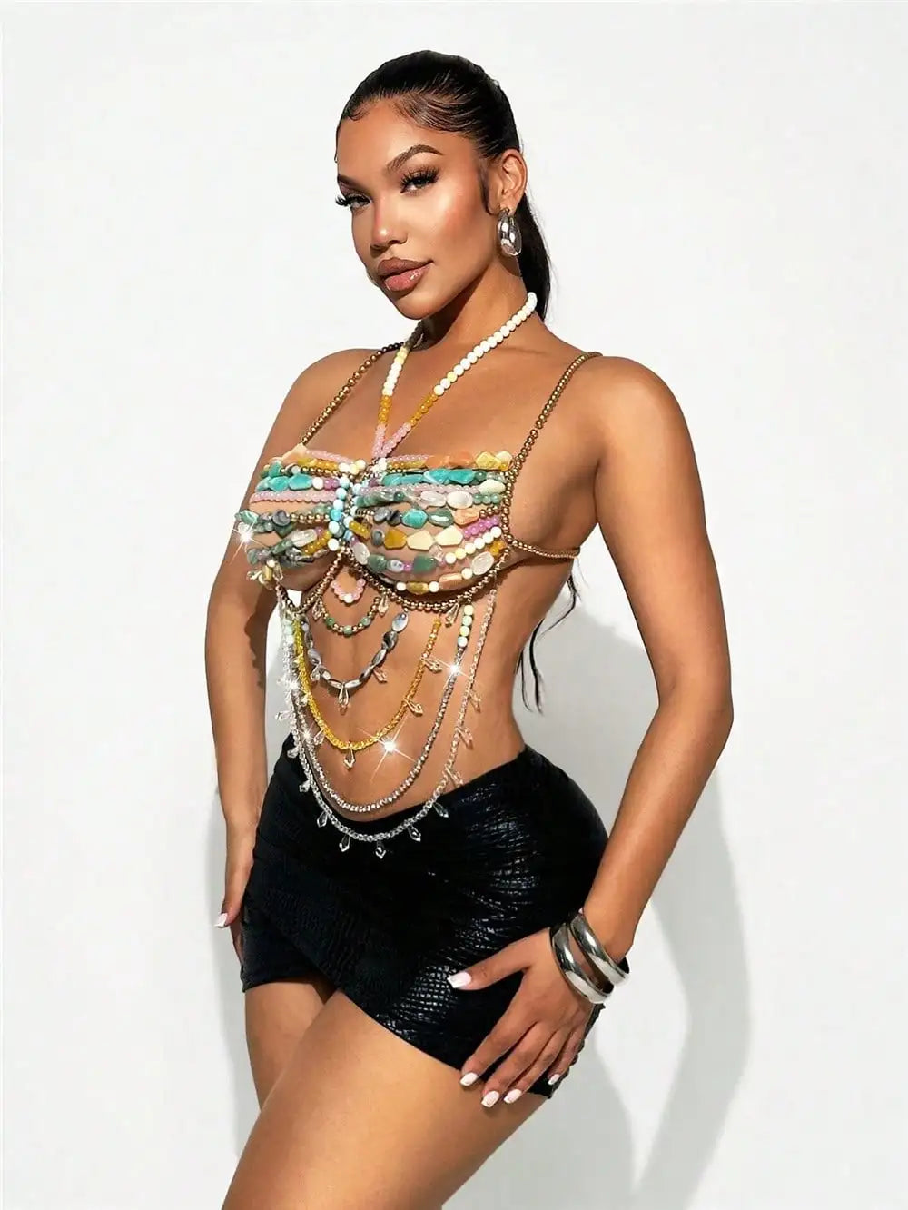 GLOSSMOON Handmade Beaded Vest Colorful Gemstone Body Chain Halter Neck Backless Top for Women European American Style  New Hollow Out Hot Girl Backless Colorful Gemstone Body Chain Halter Handmade Beaded Vest